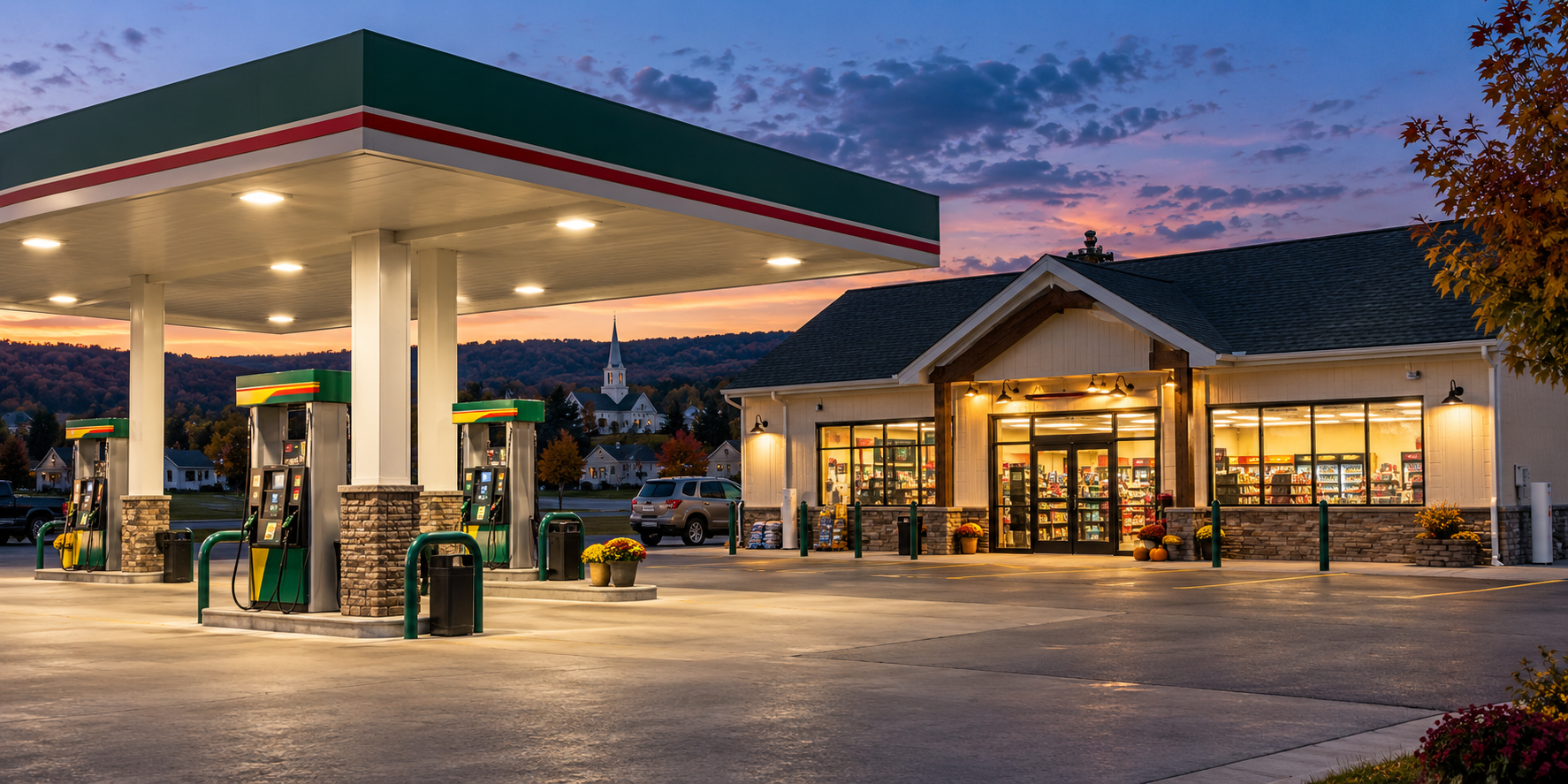 A welcoming neighborhood convenience store at dusk
